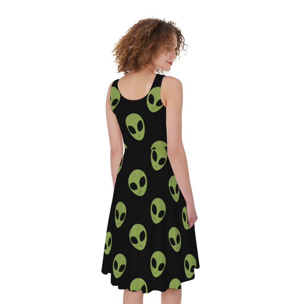 Green Alien Face Pattern Print Women's Sleeveless Dress