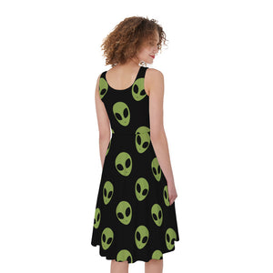 Green Alien Face Pattern Print Women's Sleeveless Dress