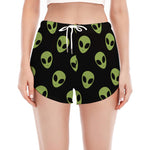 Green Alien Face Pattern Print Women's Split Running Shorts