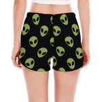 Green Alien Face Pattern Print Women's Split Running Shorts