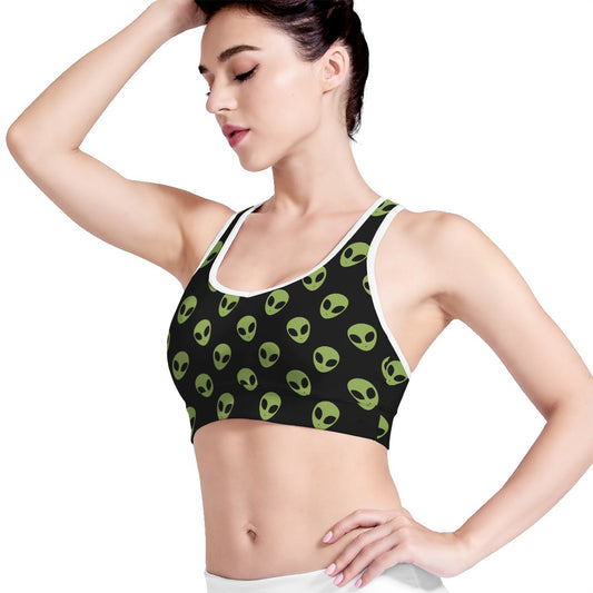 Green Alien Face Pattern Print Women's Sports Bra