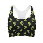 Green Alien Face Pattern Print Women's Sports Bra