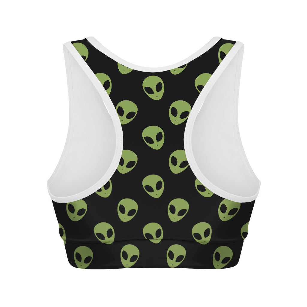 Green Alien Face Pattern Print Women's Sports Bra