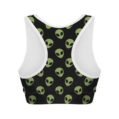 Green Alien Face Pattern Print Women's Sports Bra
