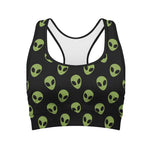 Green Alien Face Pattern Print Women's Sports Bra