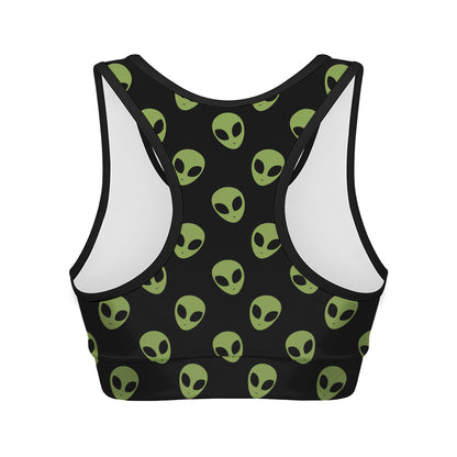 Green Alien Face Pattern Print Women's Sports Bra