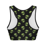 Green Alien Face Pattern Print Women's Sports Bra