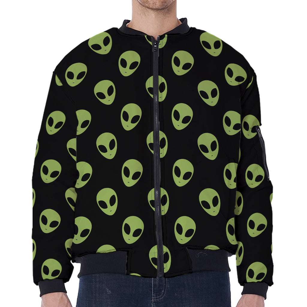 Green Alien Face Pattern Print Zip Sleeve Bomber Jacket