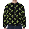 Green Alien Face Pattern Print Zip Sleeve Bomber Jacket