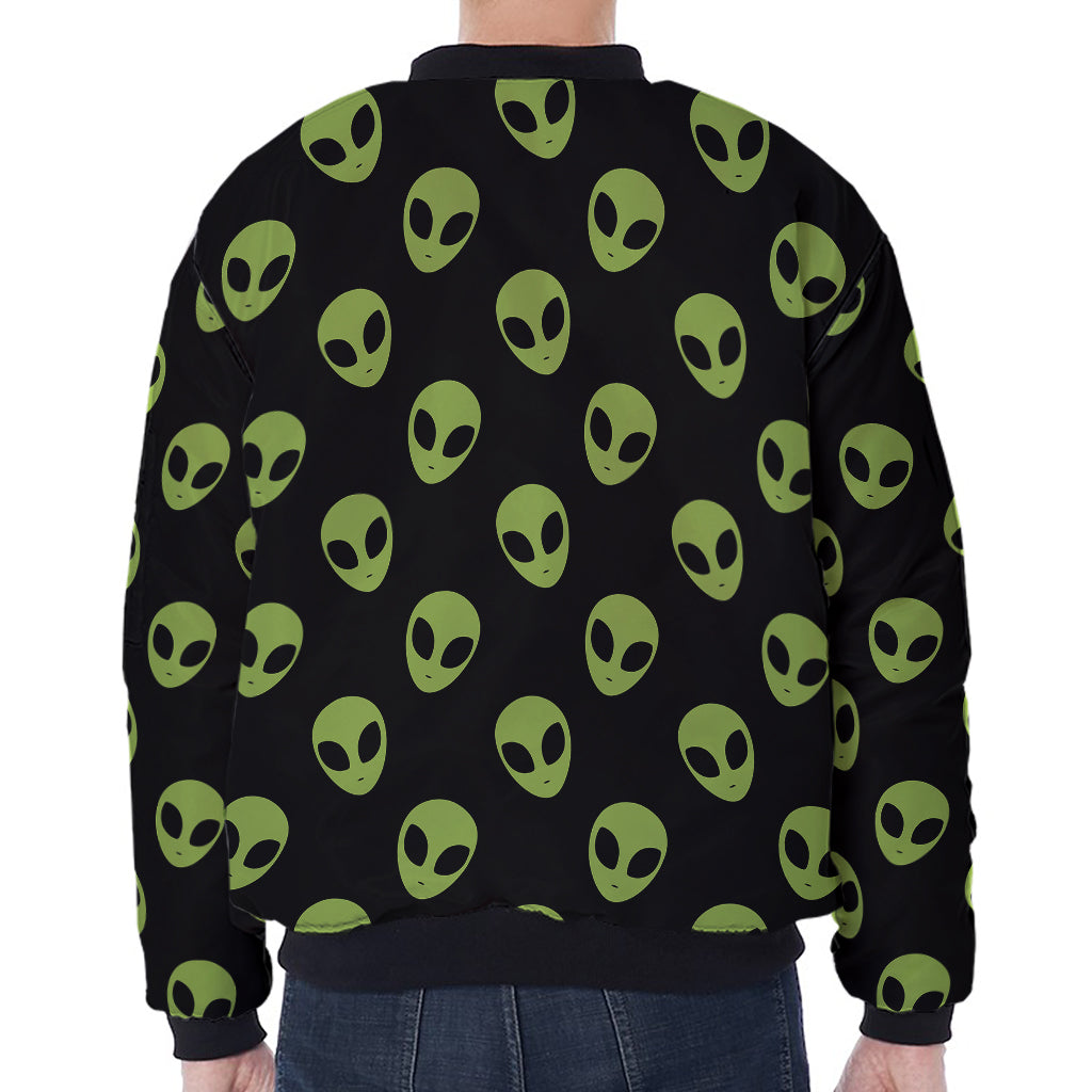 Green Alien Face Pattern Print Zip Sleeve Bomber Jacket