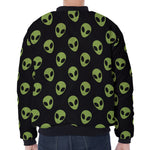 Green Alien Face Pattern Print Zip Sleeve Bomber Jacket