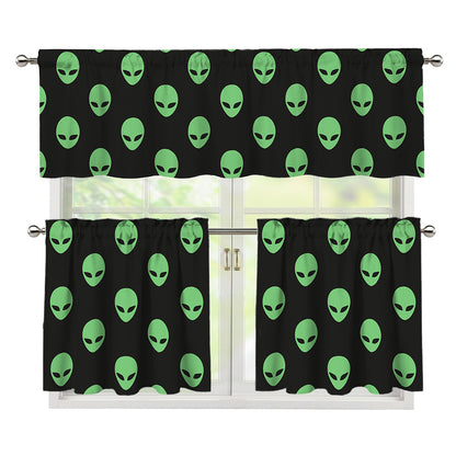 Green Alien Face Print 3 Piece Kitchen Curtains