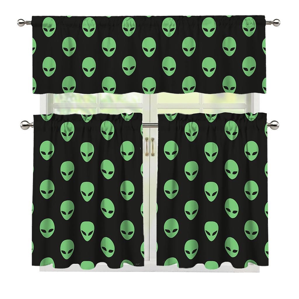 Green Alien Face Print 3 Piece Kitchen Curtains