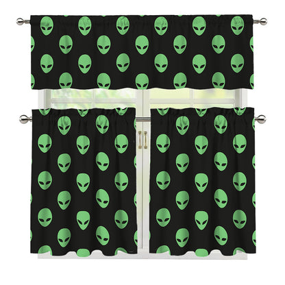Green Alien Face Print 3 Piece Kitchen Curtains