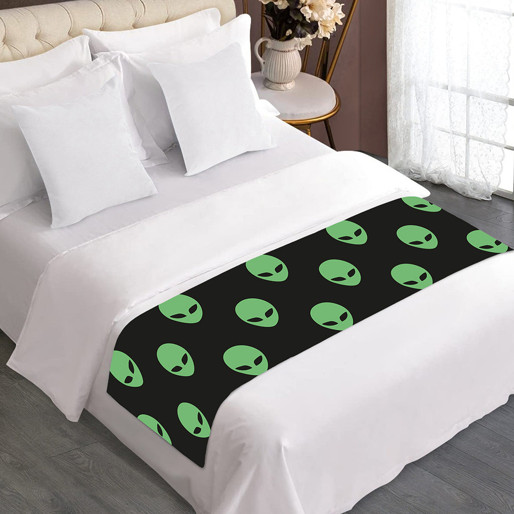 Green Alien Face Print Bed Runner