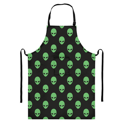 Green Alien Face Print Bib Apron With Pocket