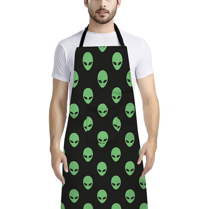 Green Alien Face Print Bib Apron With Pocket