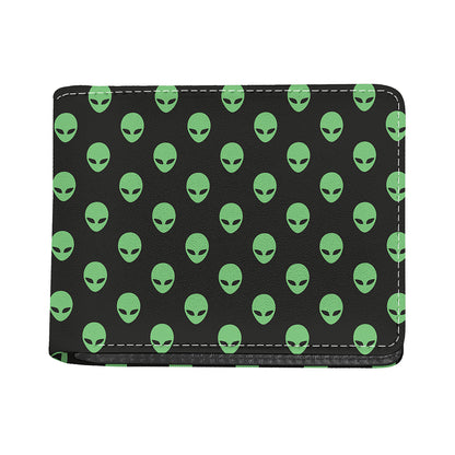 Green Alien Face Print Bifold Wallet