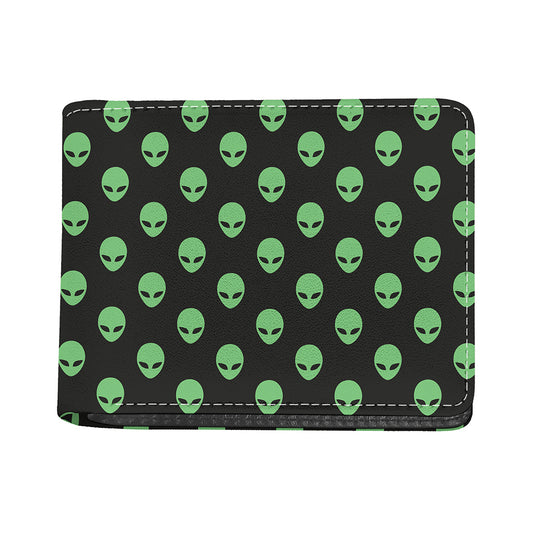 Green Alien Face Print Bifold Wallet
