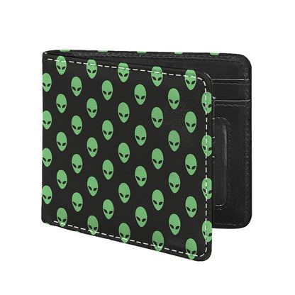 Green Alien Face Print Bifold Wallet
