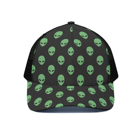 Green Alien Face Print Black Mesh Trucker Cap