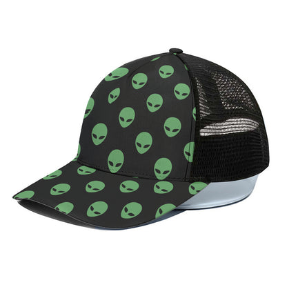 Green Alien Face Print Black Mesh Trucker Cap
