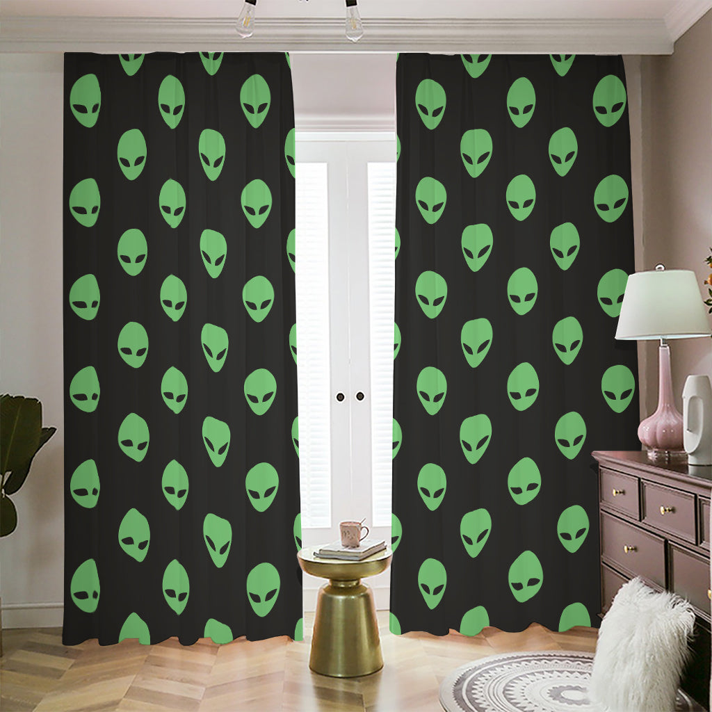 Green Alien Face Print Blackout Pencil Pleat Curtains