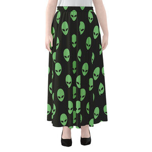 Green Alien Face Print Chiffon Maxi Skirt