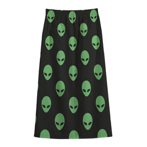 Green Alien Face Print Cotton Front Slit Maxi Skirt