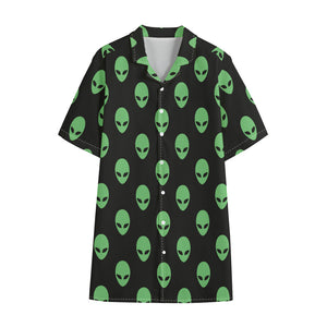 Green Alien Face Print Cotton Hawaiian Shirt