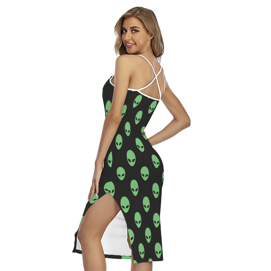 Green Alien Face Print Cross Back Cami Dress