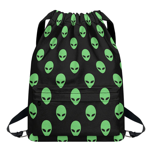 Green Alien Face Print Drawstring Backpack
