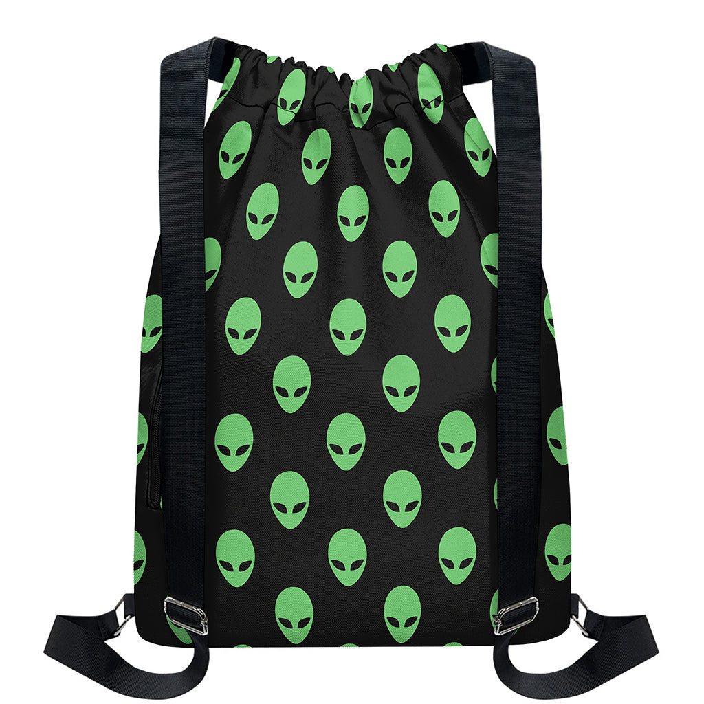 Green Alien Face Print Drawstring Backpack