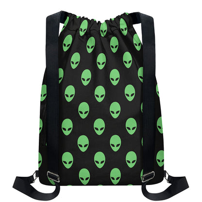 Green Alien Face Print Drawstring Backpack