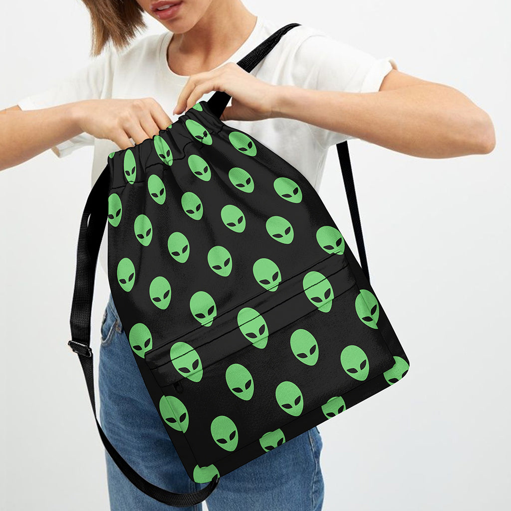 Green Alien Face Print Drawstring Backpack