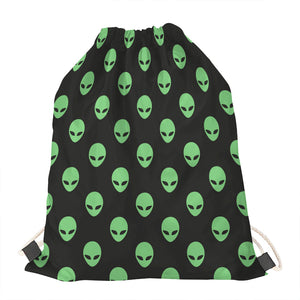 Green Alien Face Print Drawstring Bag