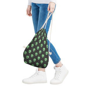 Green Alien Face Print Drawstring Bag