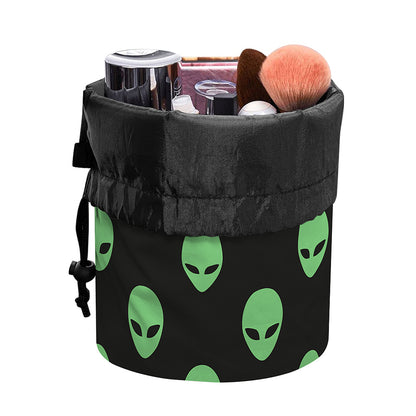 Green Alien Face Print Drawstring Makeup Bag