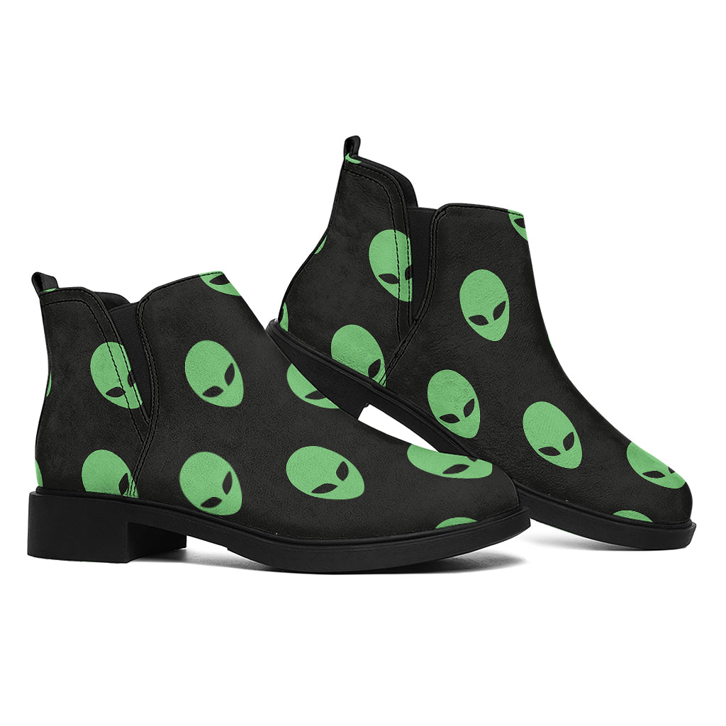 Green Alien Face Print Flat Ankle Boots