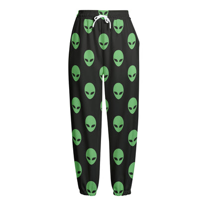 Green Alien Face Print Fleece Lined Knit Pants