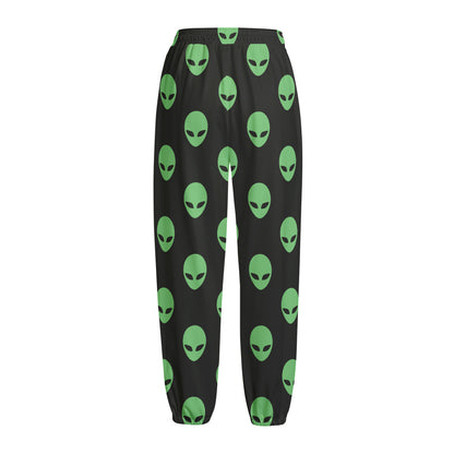 Green Alien Face Print Fleece Lined Knit Pants