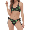 Green Alien Face Print Halter Scoop Tie Side Bikini