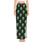 Green Alien Face Print High Slit Maxi Skirt