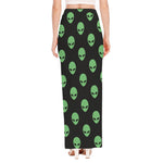 Green Alien Face Print High Slit Maxi Skirt