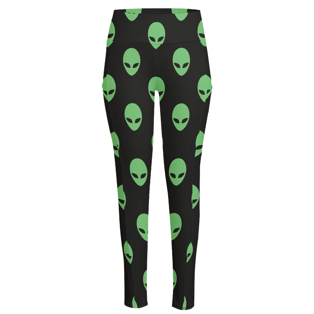 Green Alien Face Print High-Waisted Pocket Leggings