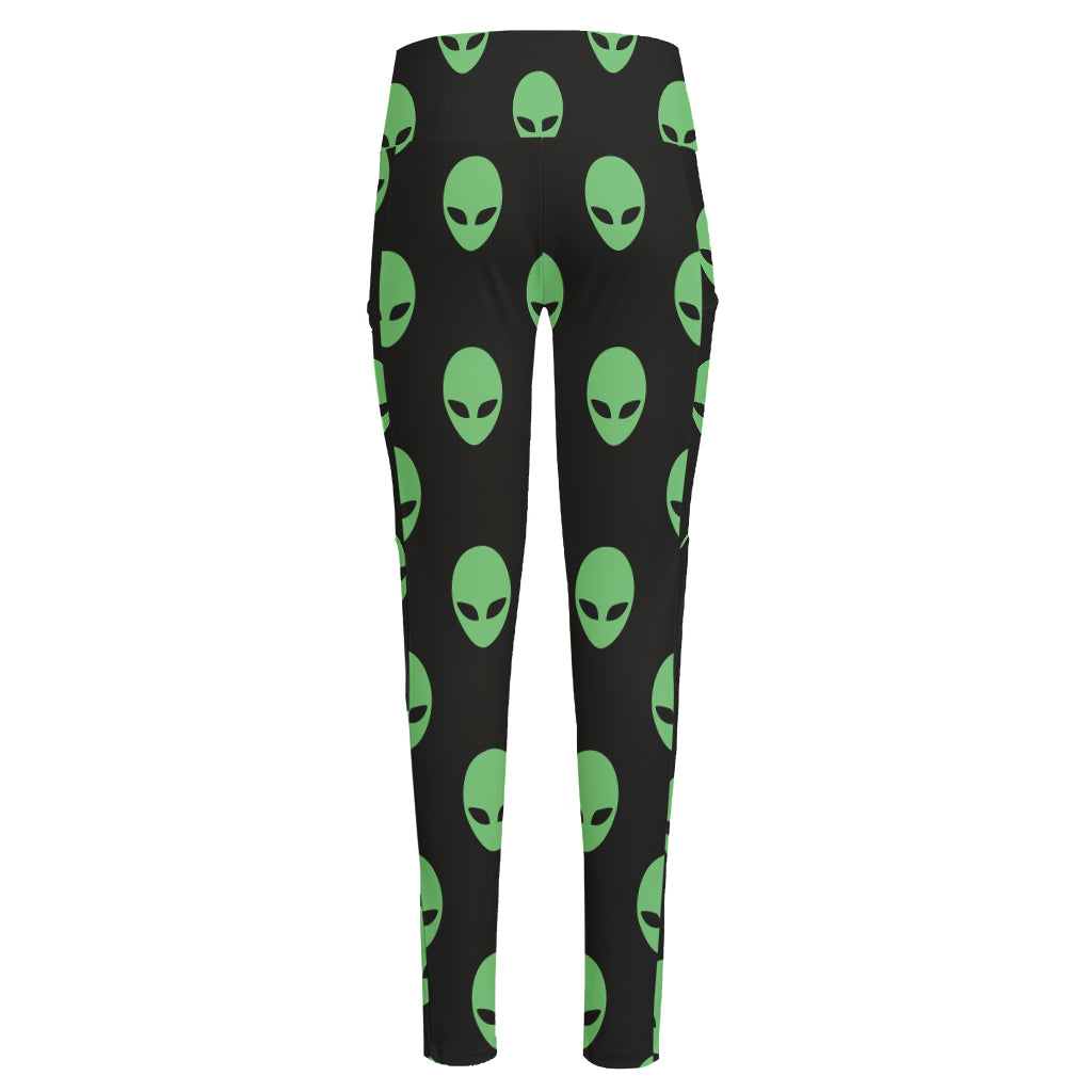 Green Alien Face Print High-Waisted Pocket Leggings