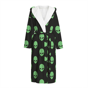 Green Alien Face Print Hooded Bathrobe