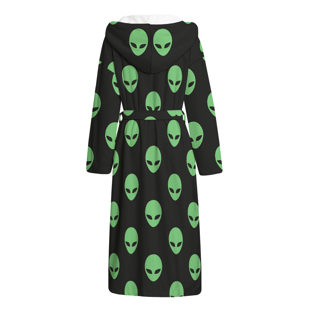 Green Alien Face Print Hooded Bathrobe