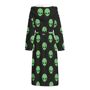 Green Alien Face Print Hooded Bathrobe