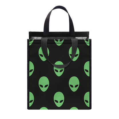 Green Alien Face Print Insulated Lunch Tote